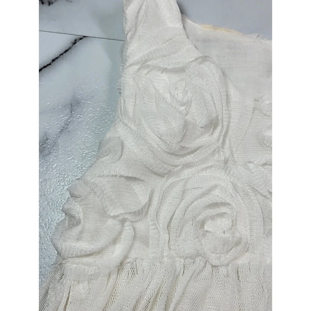 White Petal Mesh Puff Layered Dress Rosette Tulle Crochet Lace Trim Wedding